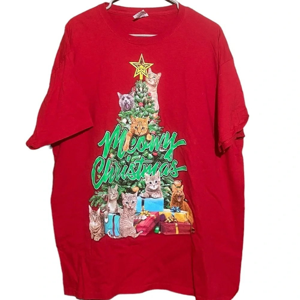 Meowy Christmas Cat Tree Mens Red T-Shirt‎ Crazy Ugly Dec 25th Size XL